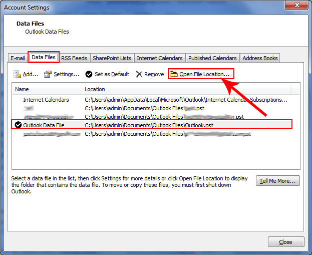hit data file to create backup of Outlook