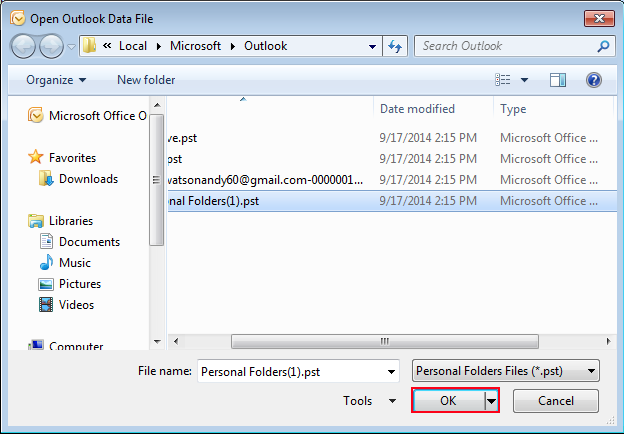 click ok to open outlook data file