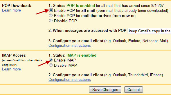 enable POP or IMAP