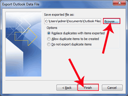 Finish to create backup of Outlook