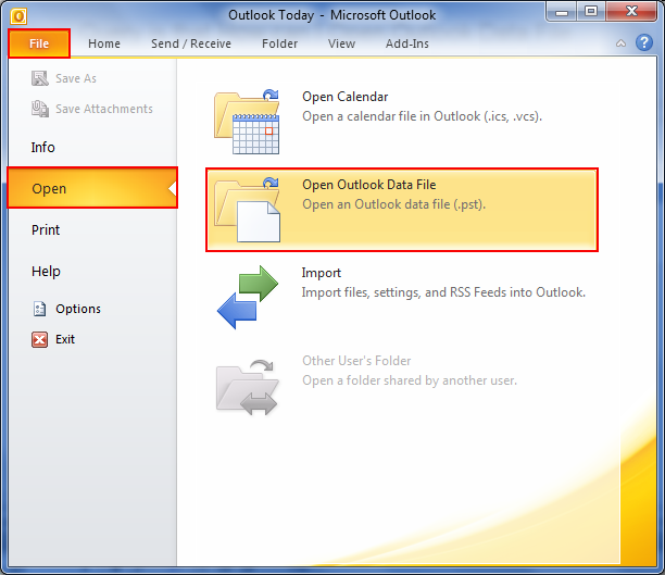 open outlook data file