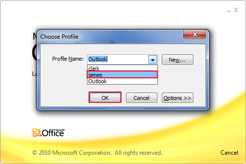 select outlook profile