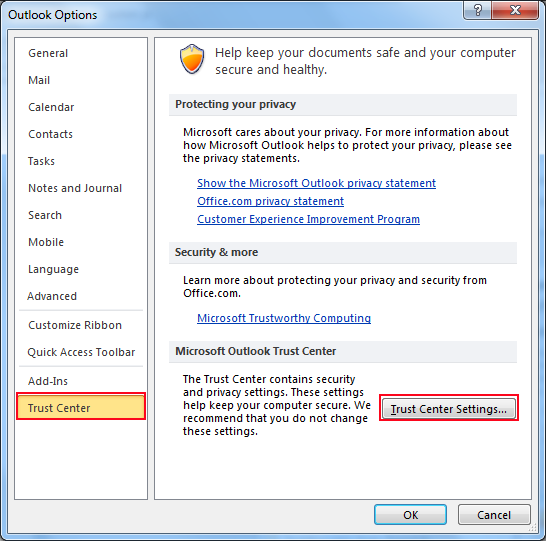trust center settings