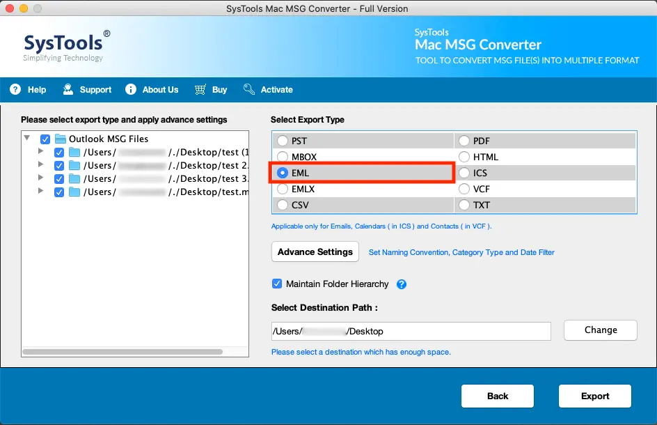 select eml format as the export format