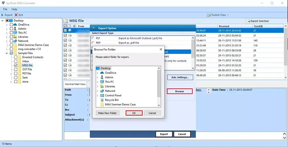 browse the destination location