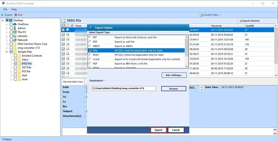 finally export outlook msg to eml