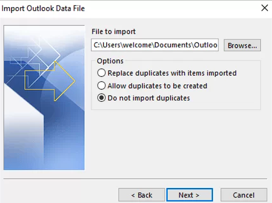 locate the PST file you want to import