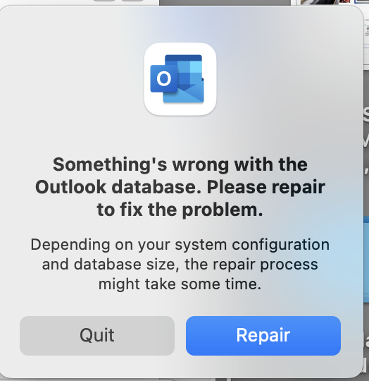 Что-то не так с ошибкой базы данных Outlook на Mac