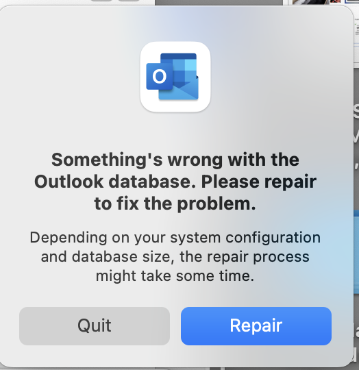 Something is wrong with Outlook database error in Mac