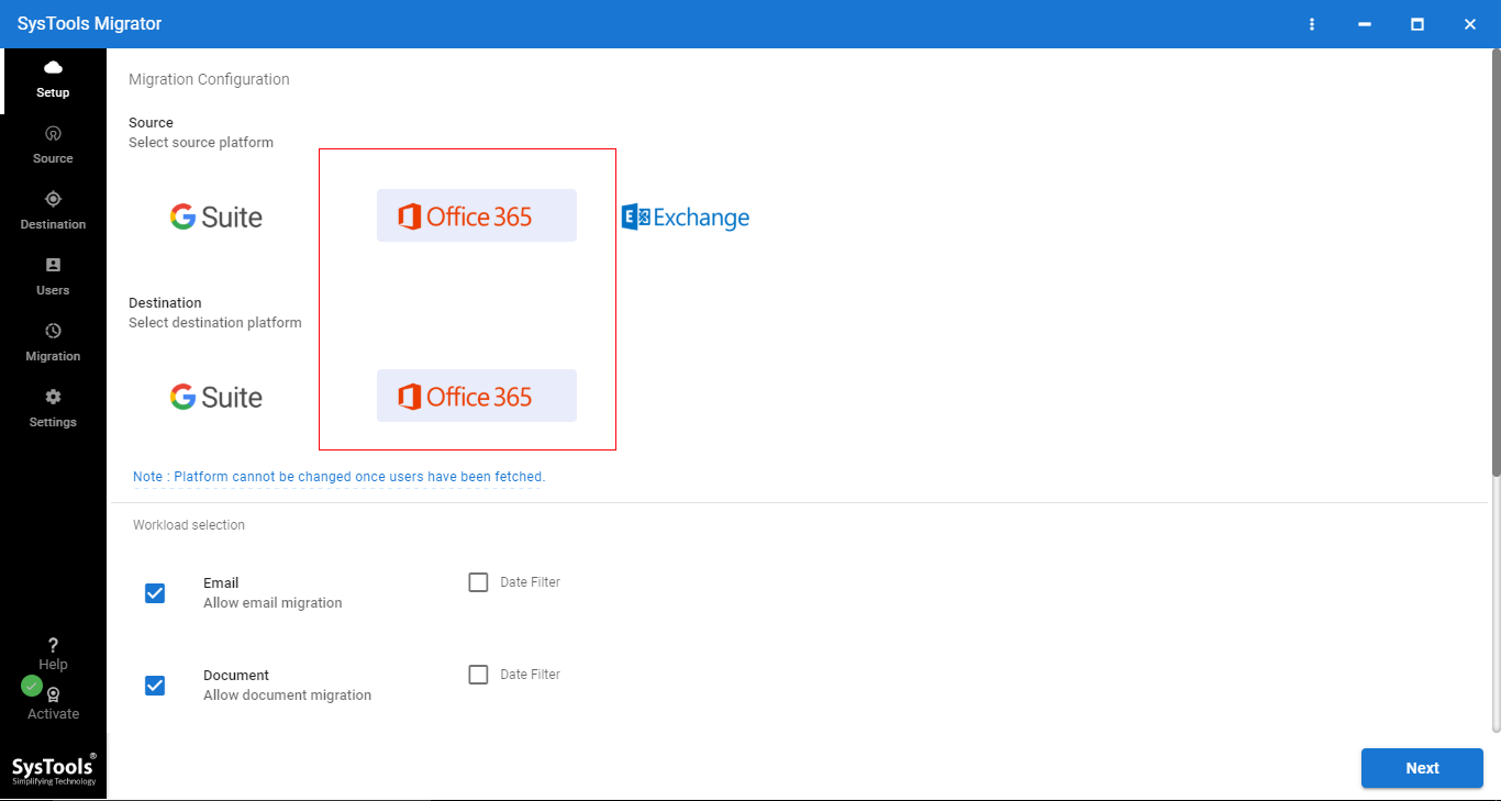 select office 365 as source and destination to migrate office 365 domain to another tenant