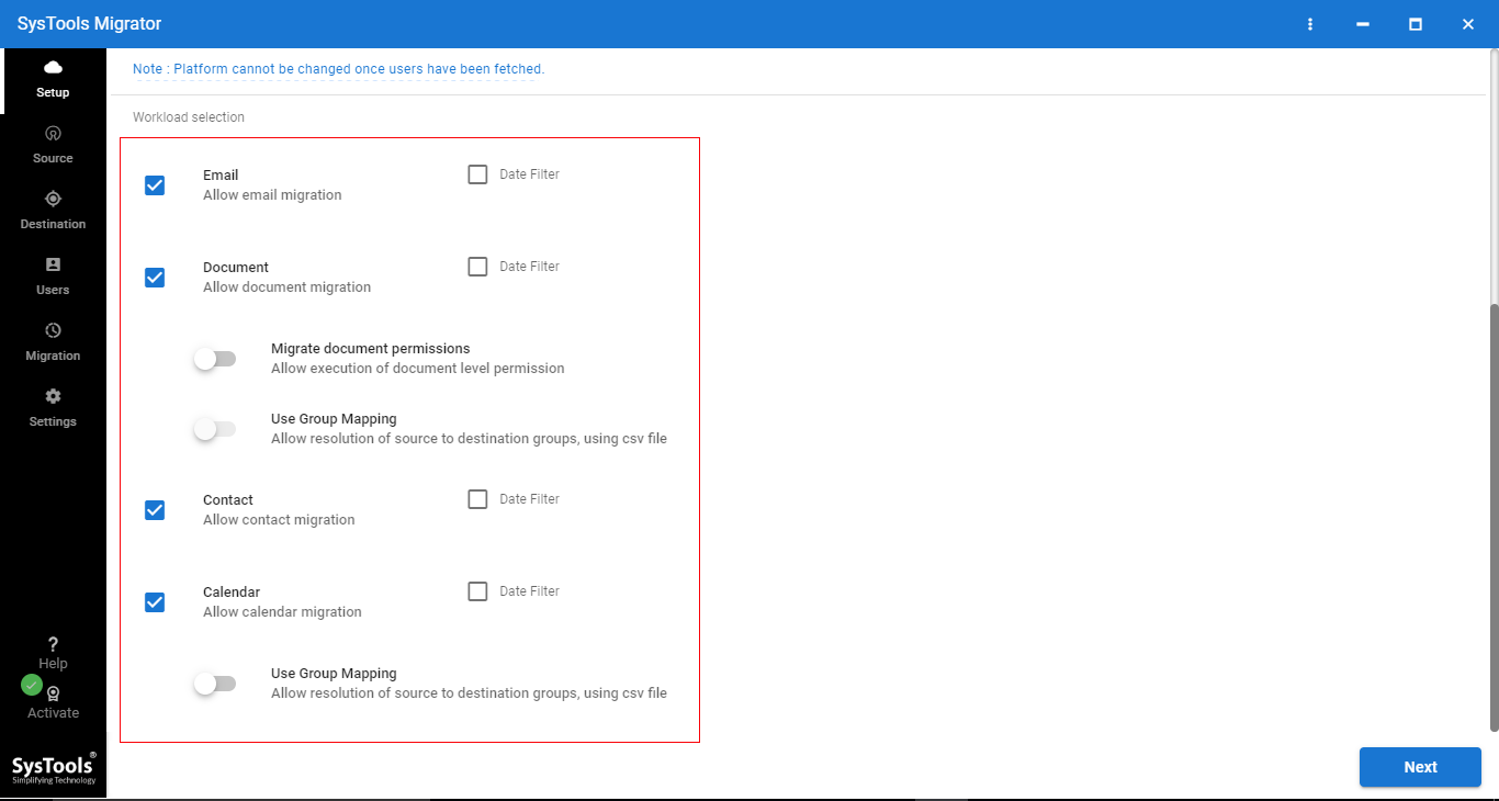 select the data items you want to migrate