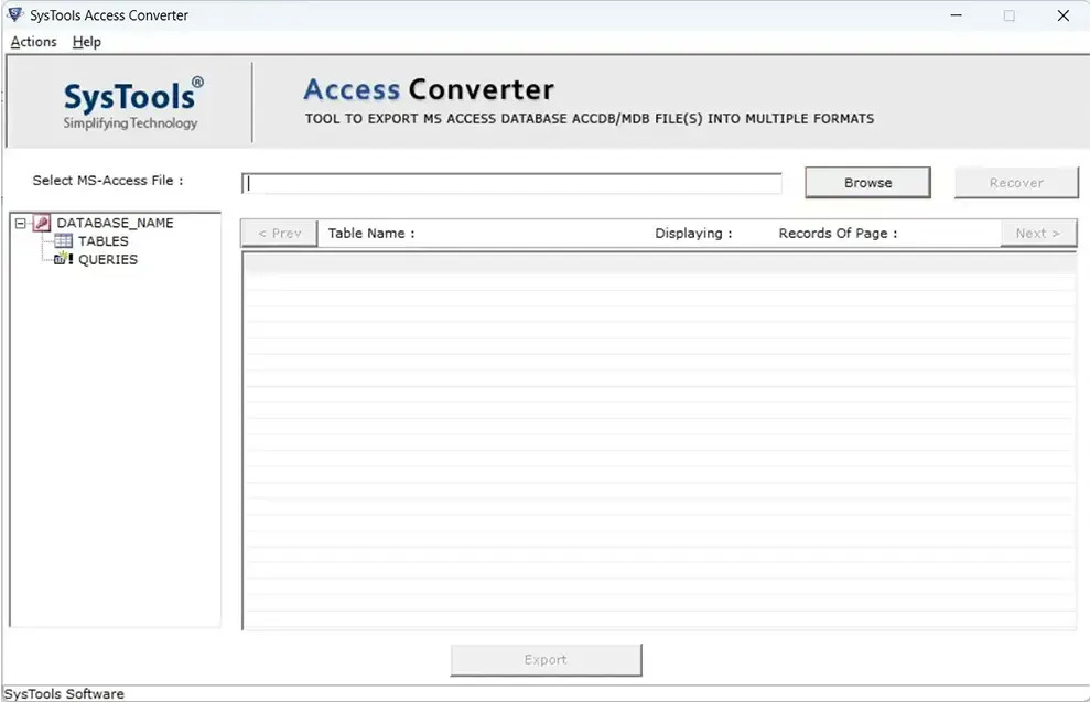 export Access database to Excel - Main window