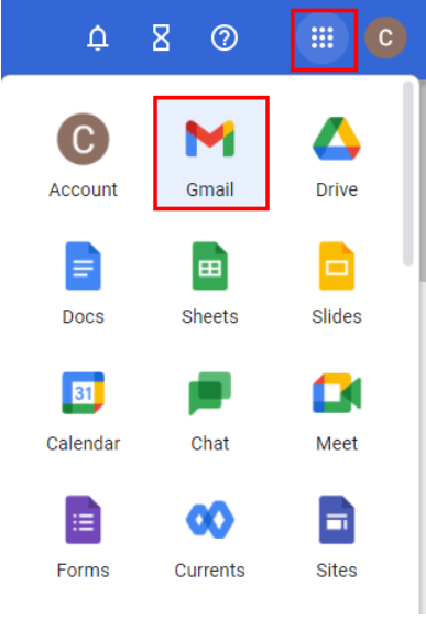 click the Google Apps icon and select the Gmail app.