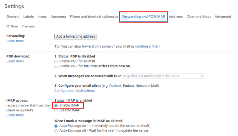 elect Enable IMAP to Export google workspace email to pst