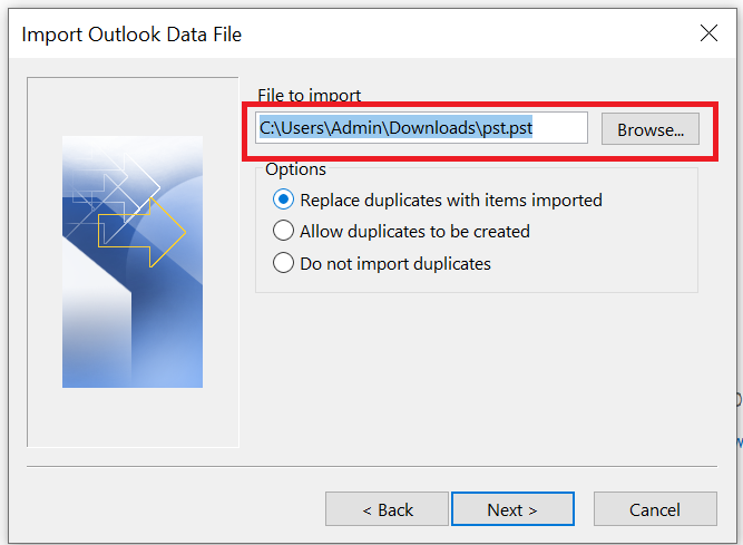 browse location Outlook folder Merge tool 