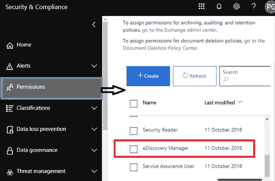 allow Permissions and then select eDiscovery Manager.