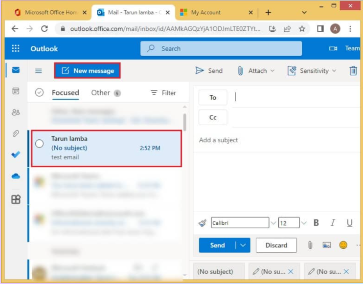 select Office 365 emails to save and open a new message.