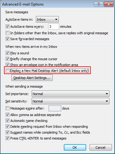 rechazar nuevas notificaciones de correo electrónico en Outlook 2003