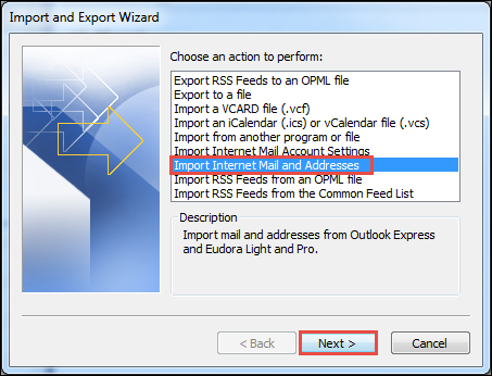 select import internet mail and addresses option