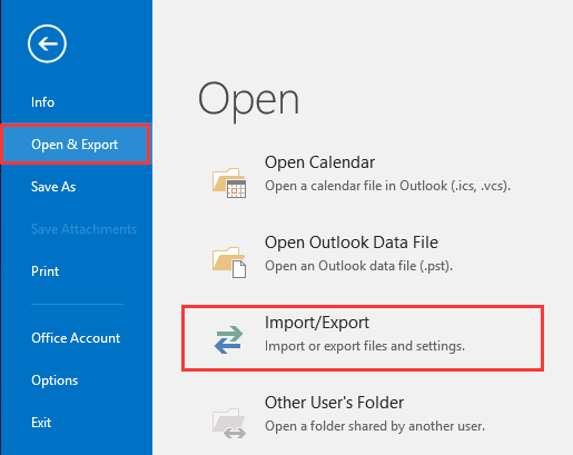 start import/export wizard in outlook