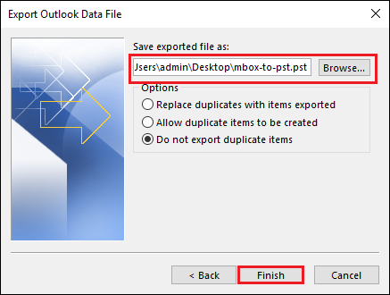 click finish to successfully convert mbox file to pst