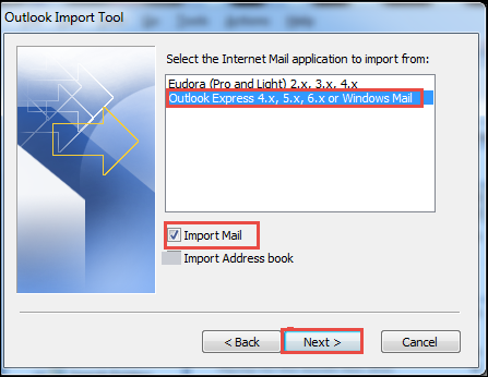 select outlook express option